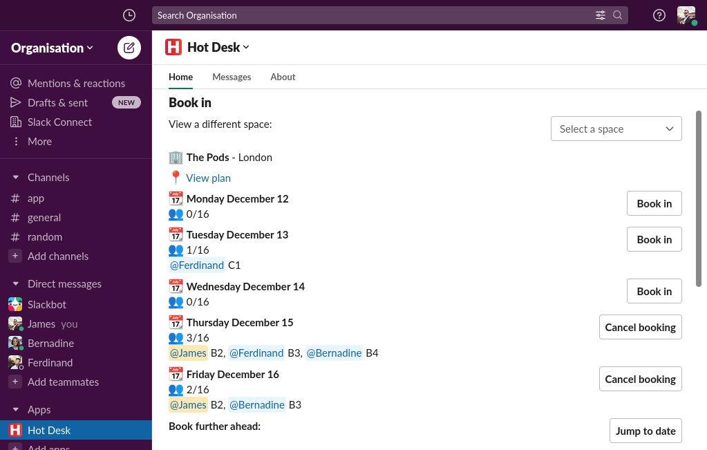 Hot Desk app showing which desks have been booked