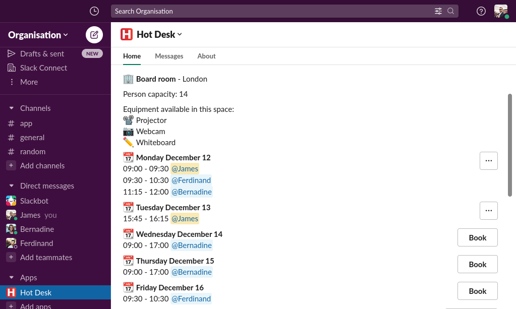 Hot Desk app showing meeting room booking schedule