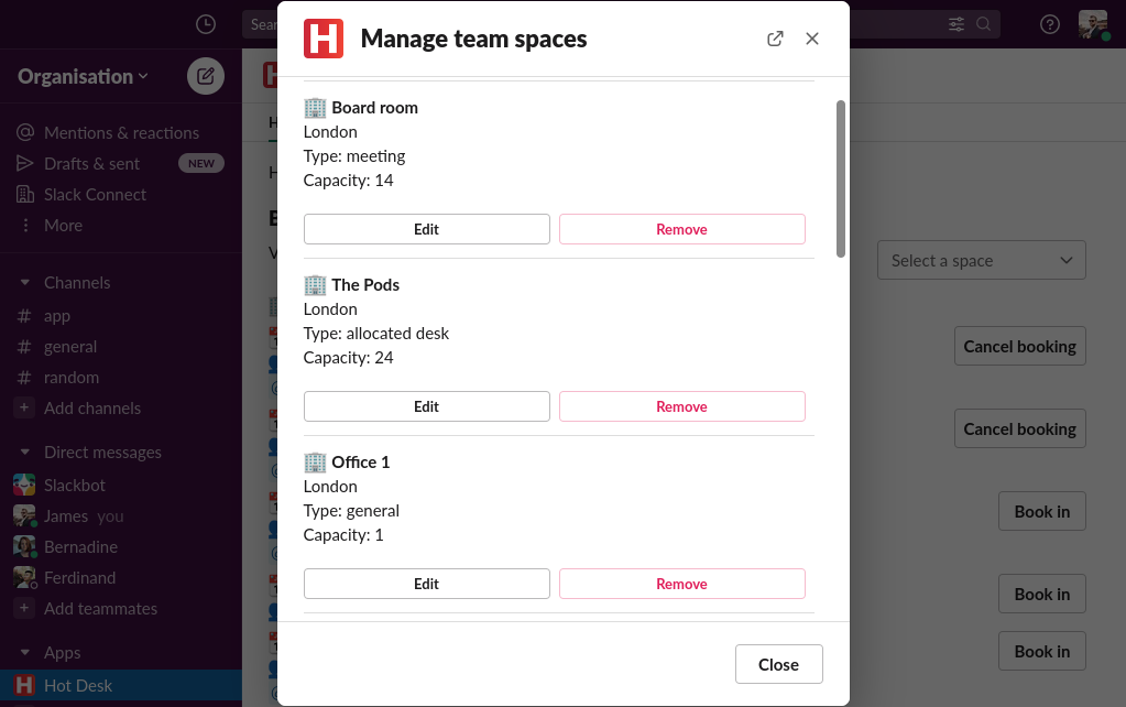Hot Desk app showing a list of work spaces, meeting rooms, and car parks. All with capacity limits.
