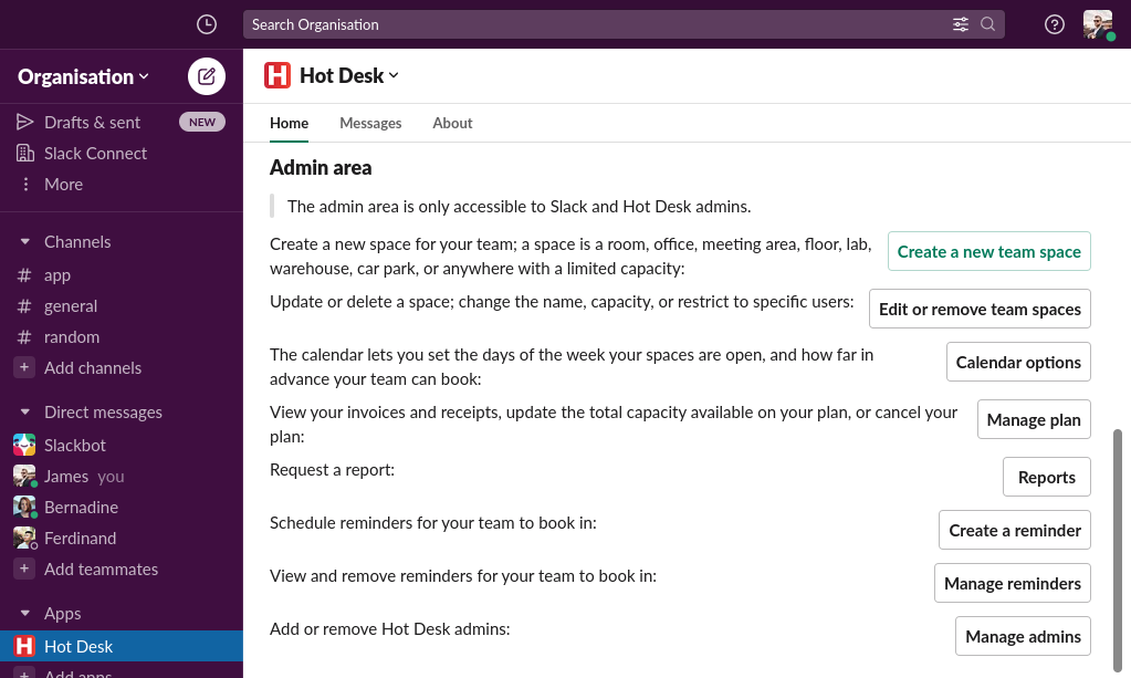 Hot Desk app integrated into Slack