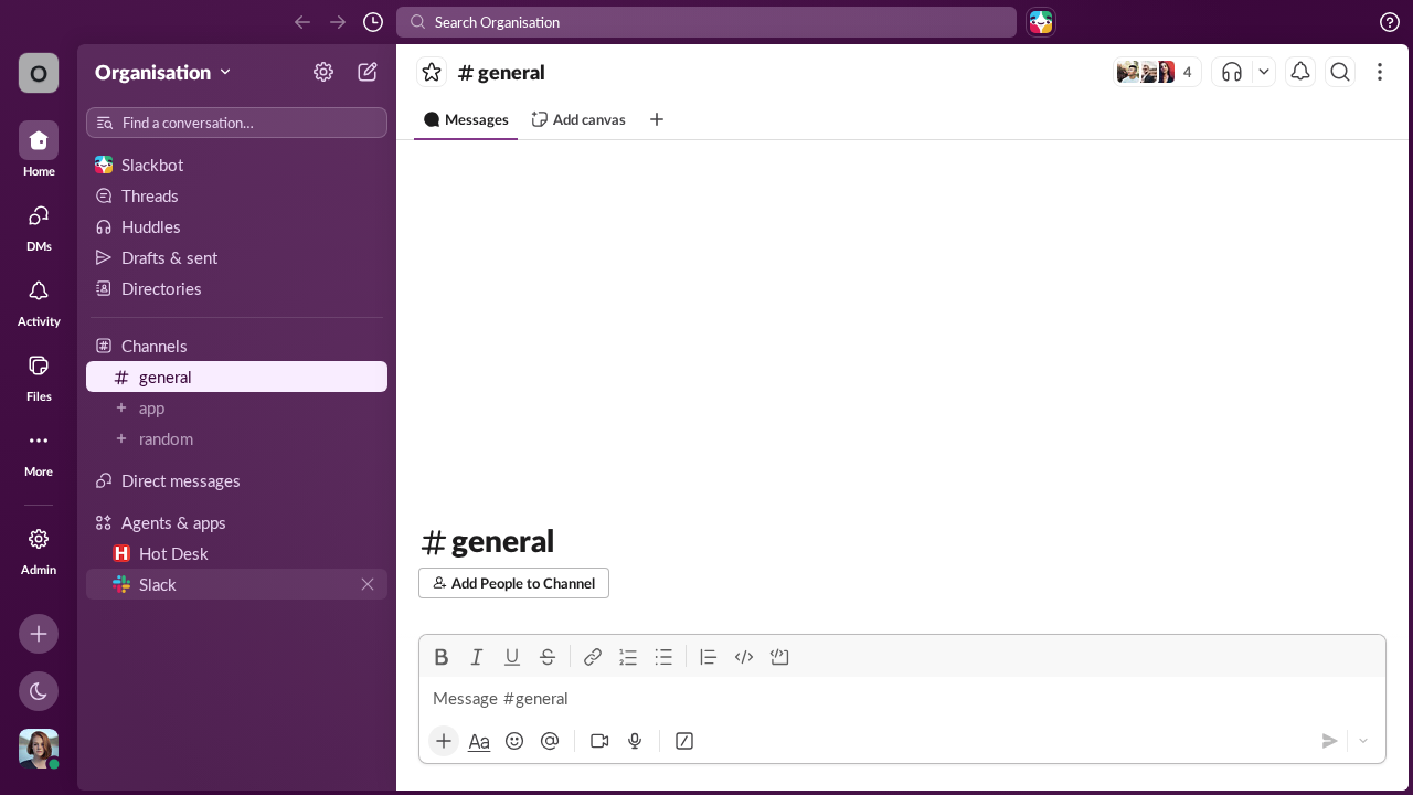 Image of the general channel in Slack