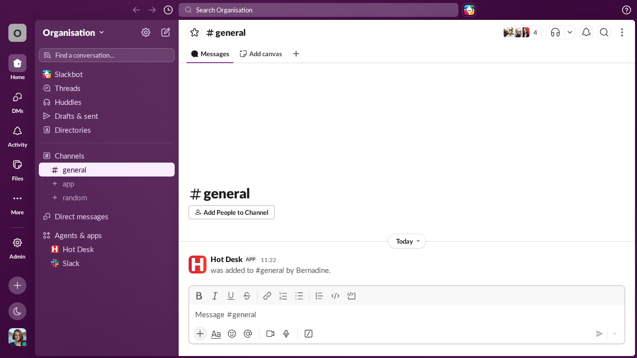 Image of the Hot Desk app added as an integration in the general channel in Slack