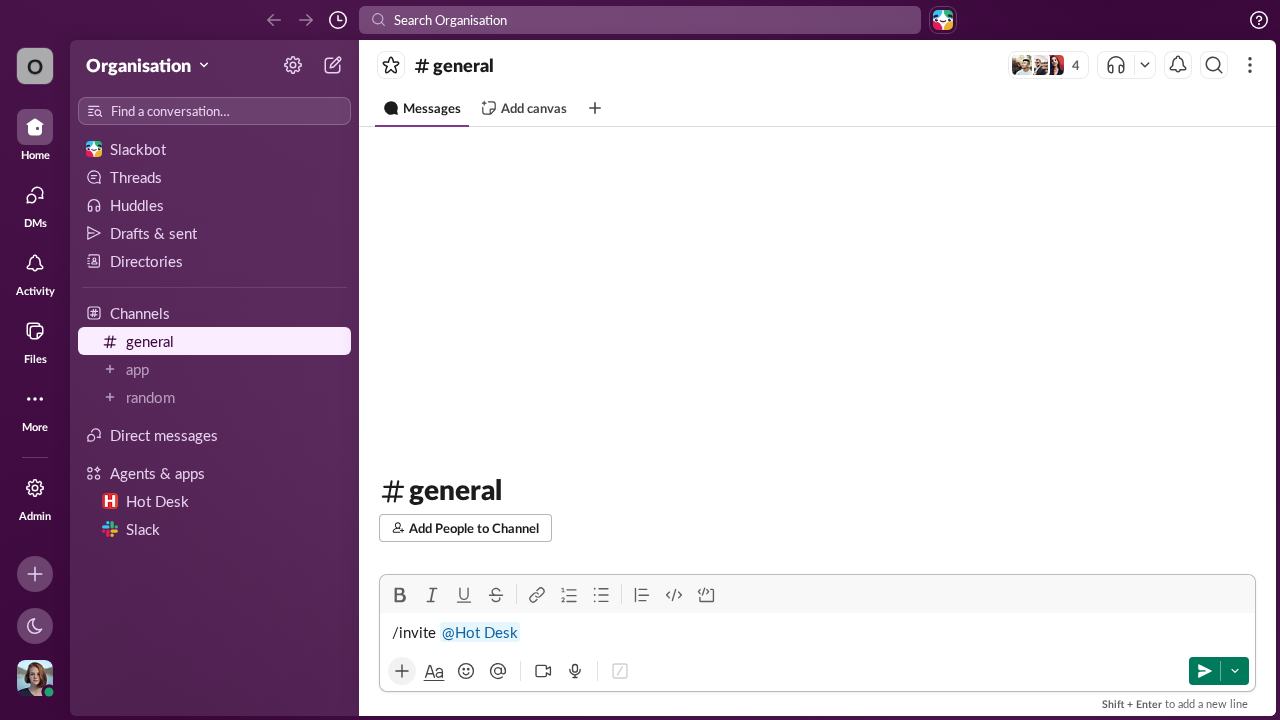 General channel in Slack with the invite command completed