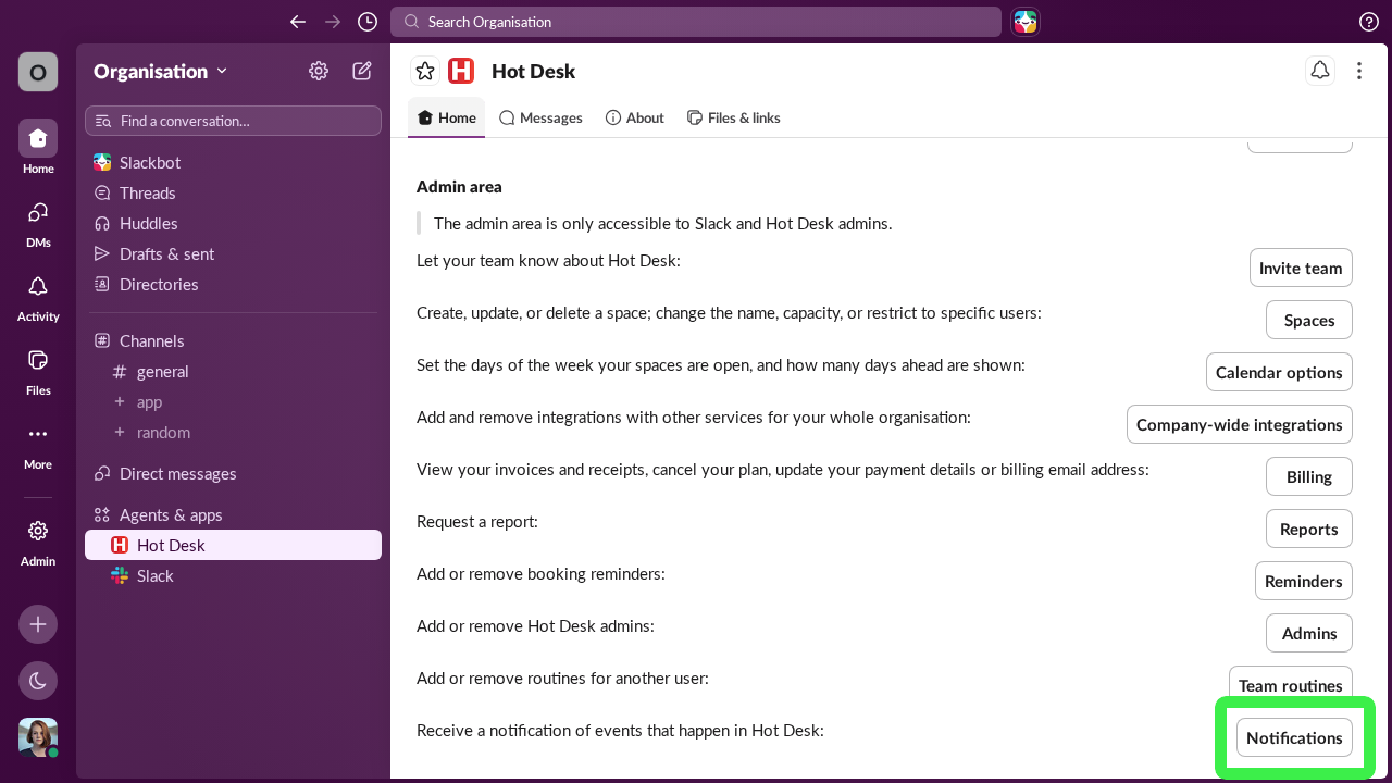 Notifications button in Hot Desk app