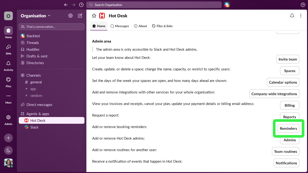 Image of reminders button in Hot Desk app