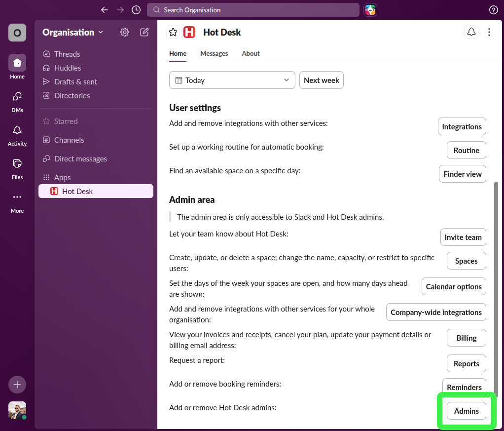 Hot Desk app with pointer on button to manage admin users