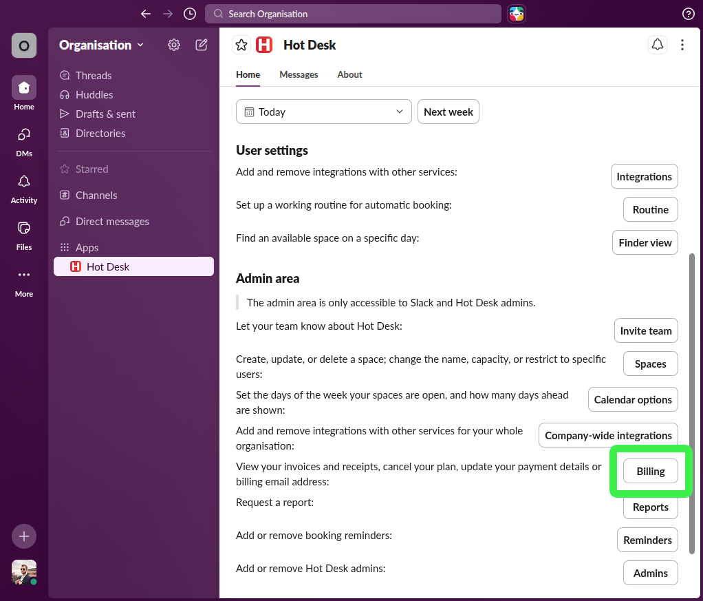 Admin area with "billing" button highlighted