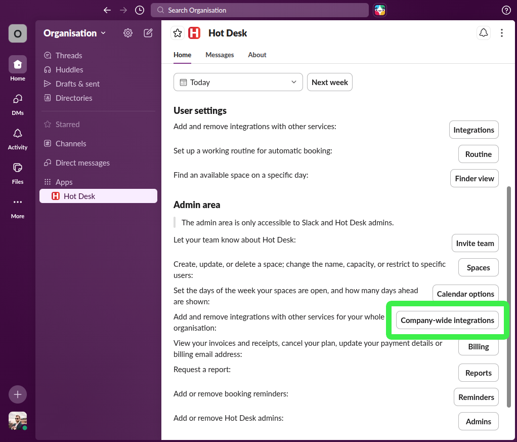 Hot Desk app within Slack with the company-wide integrations button highlighted
