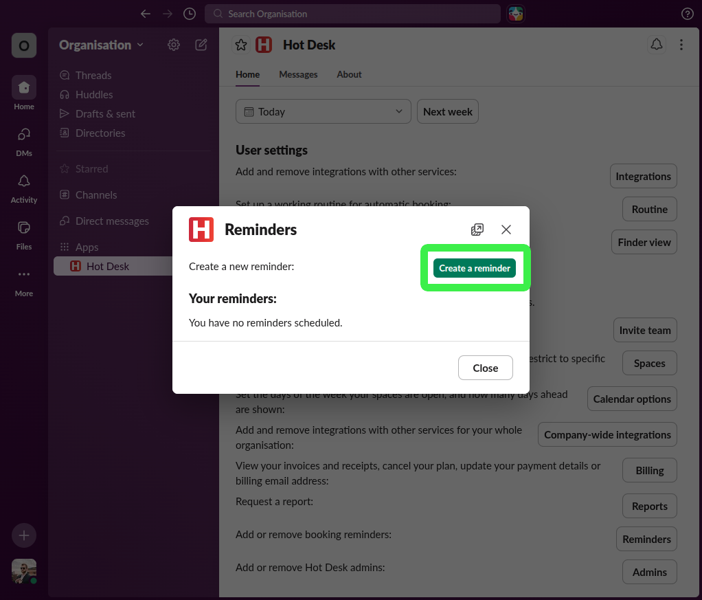 Image of create reminder button in Hot Desk app