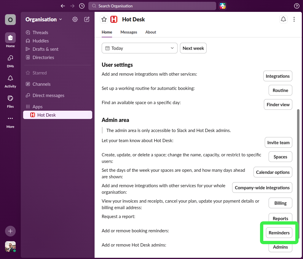 Image of reminders button in Hot Desk app