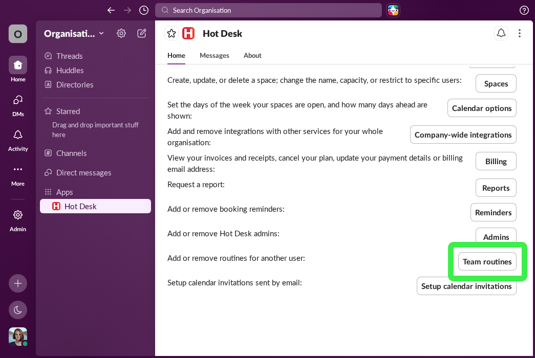 Hot Desk app within Slack with the team routines button highlighted
