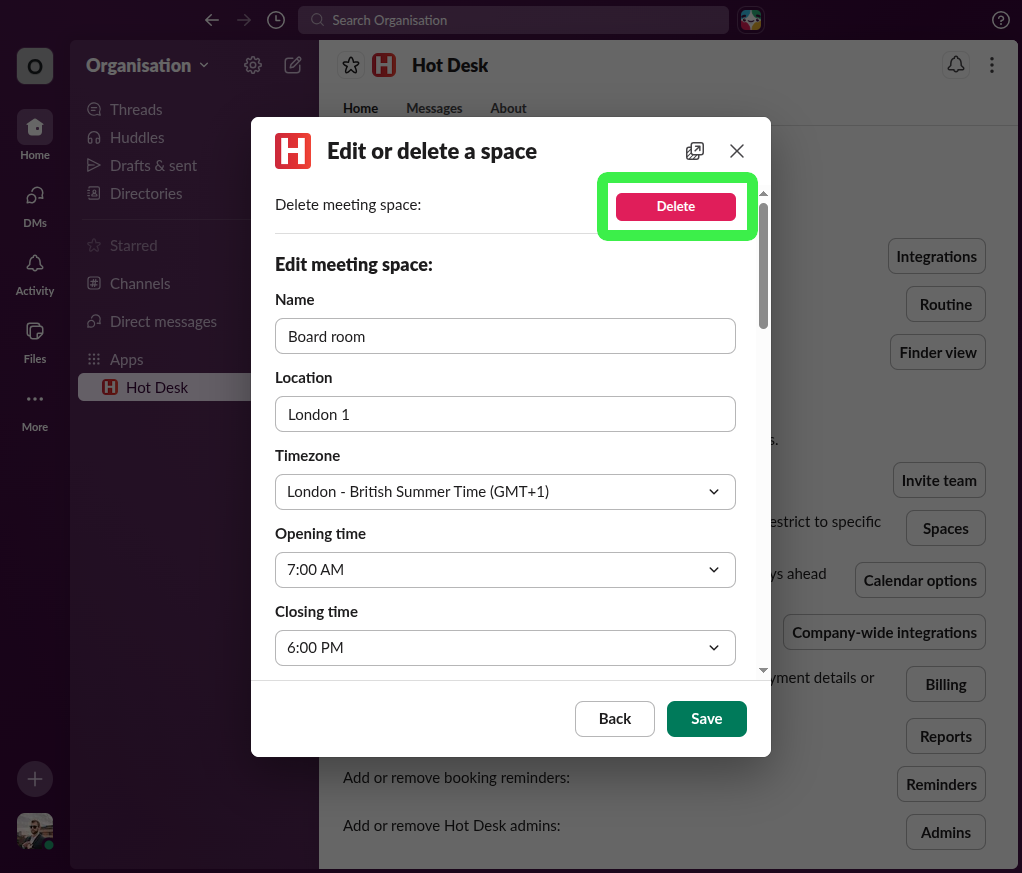 Image of Hot Desk app with pointer on button to remove a team space