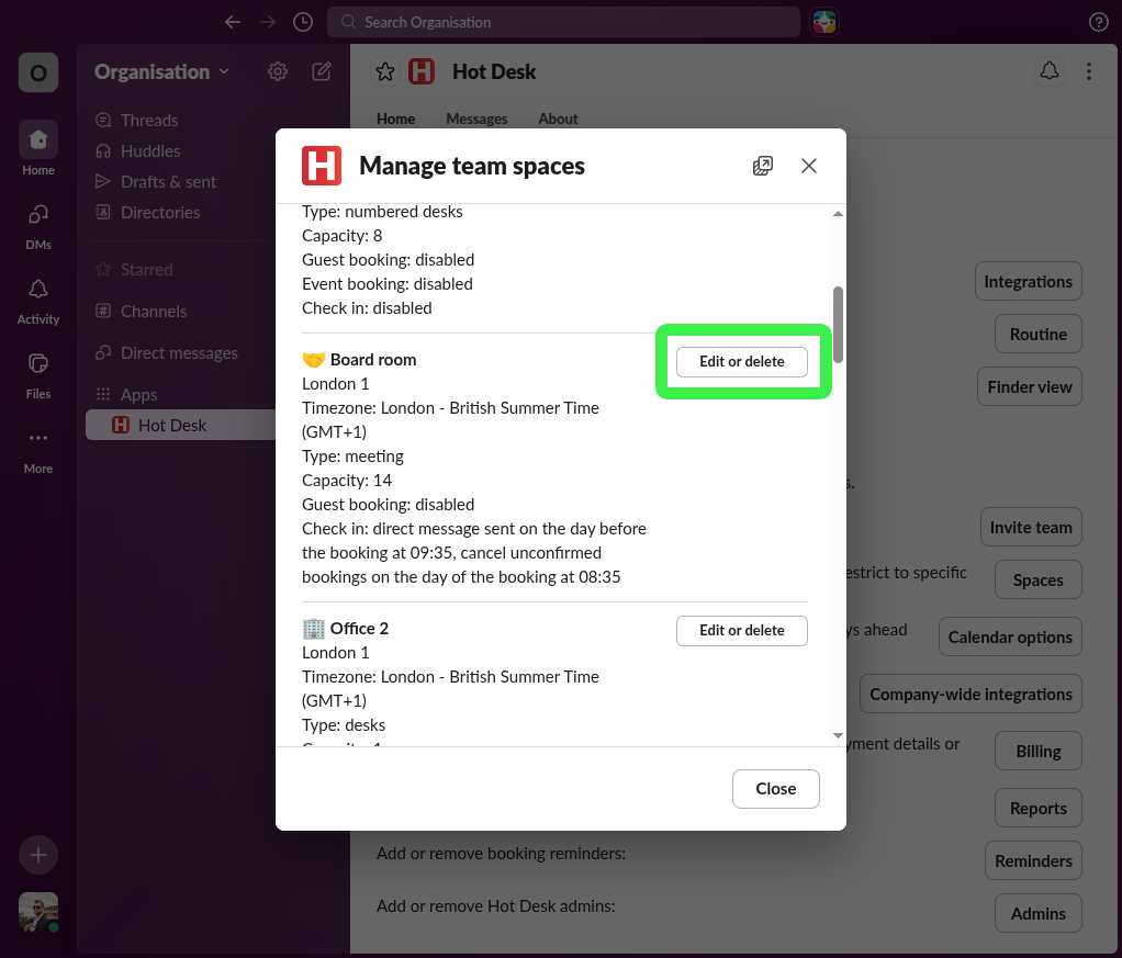 Hot Desk app with pointer on button to edit a workspace