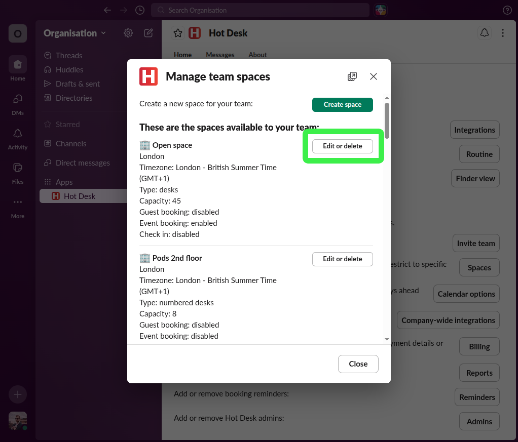 Image of Hot Desk app with pointer on button to edit a workspace