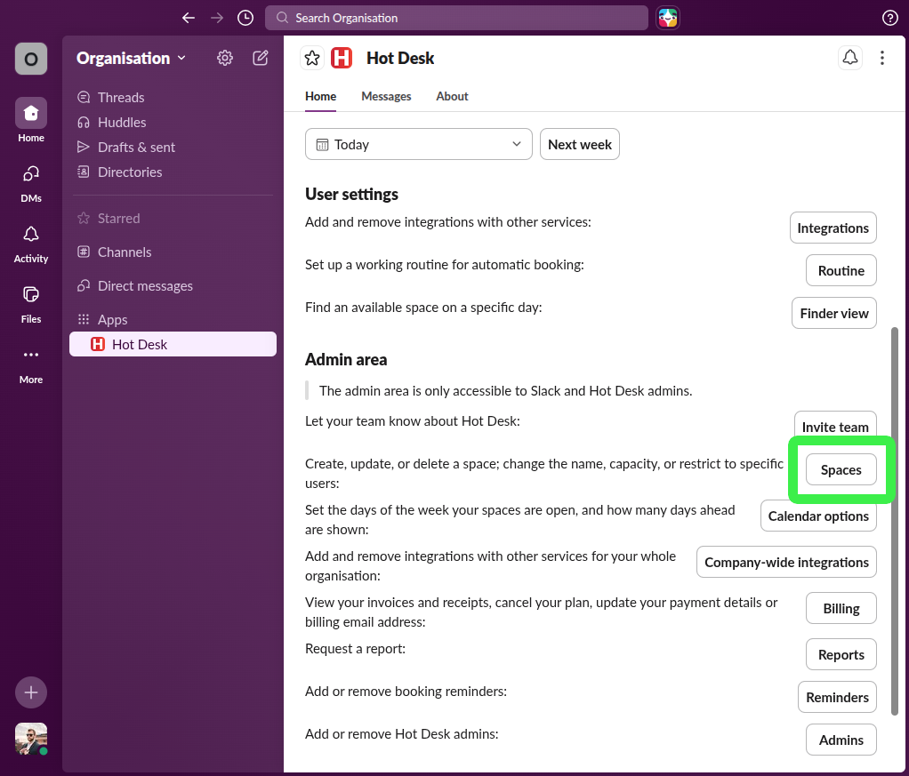 Image of Hot Desk app with pointer on button to manage spaces