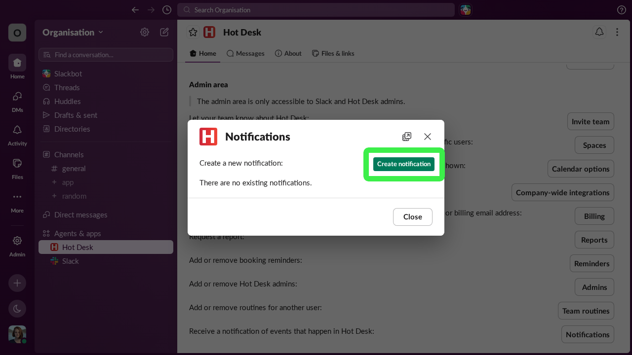Create notification button in Hot Desk app