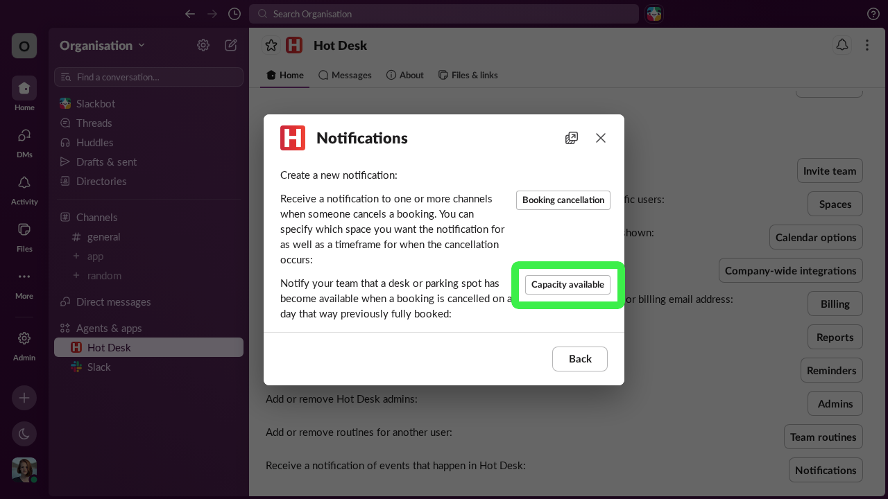 Create notification flow for capacity available in Hot Desk app