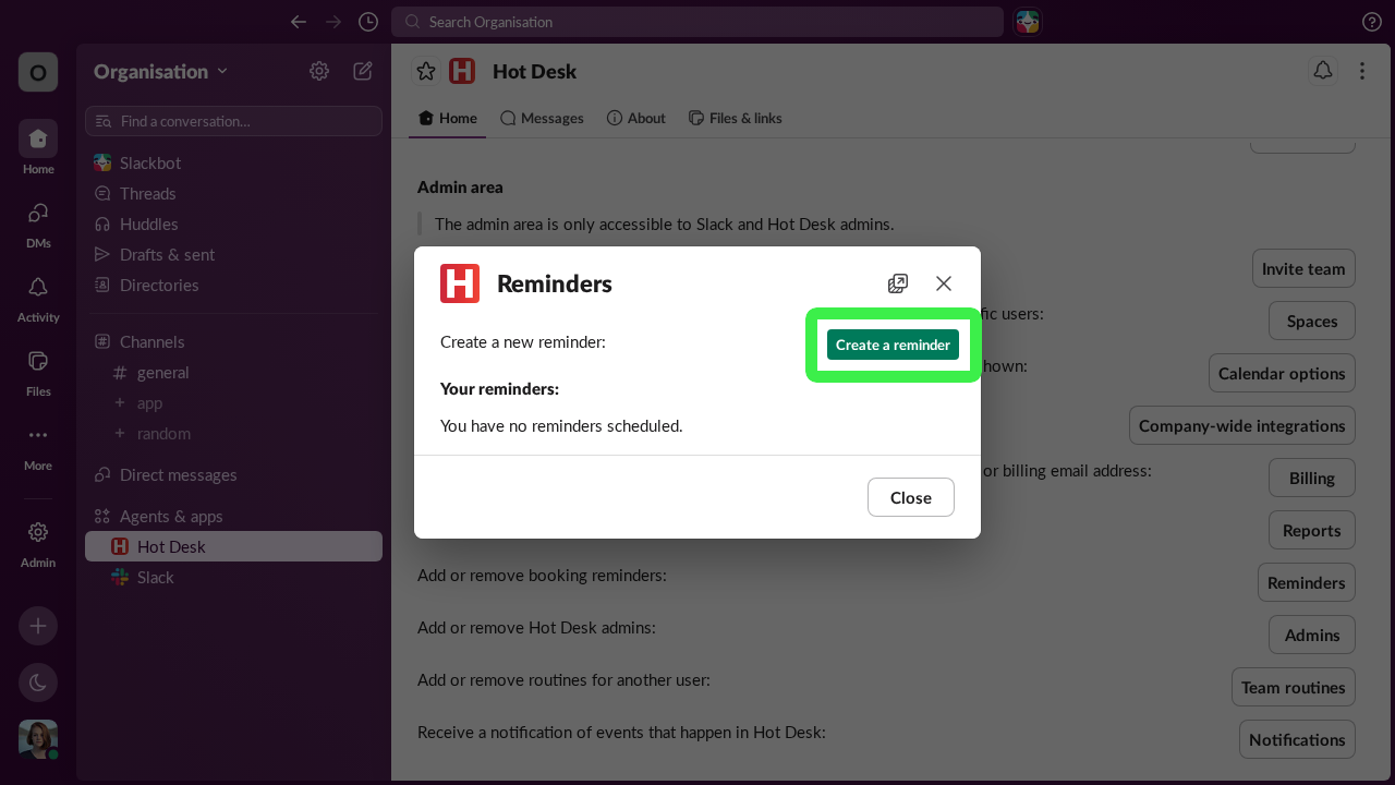 Image of create reminder button in Hot Desk app