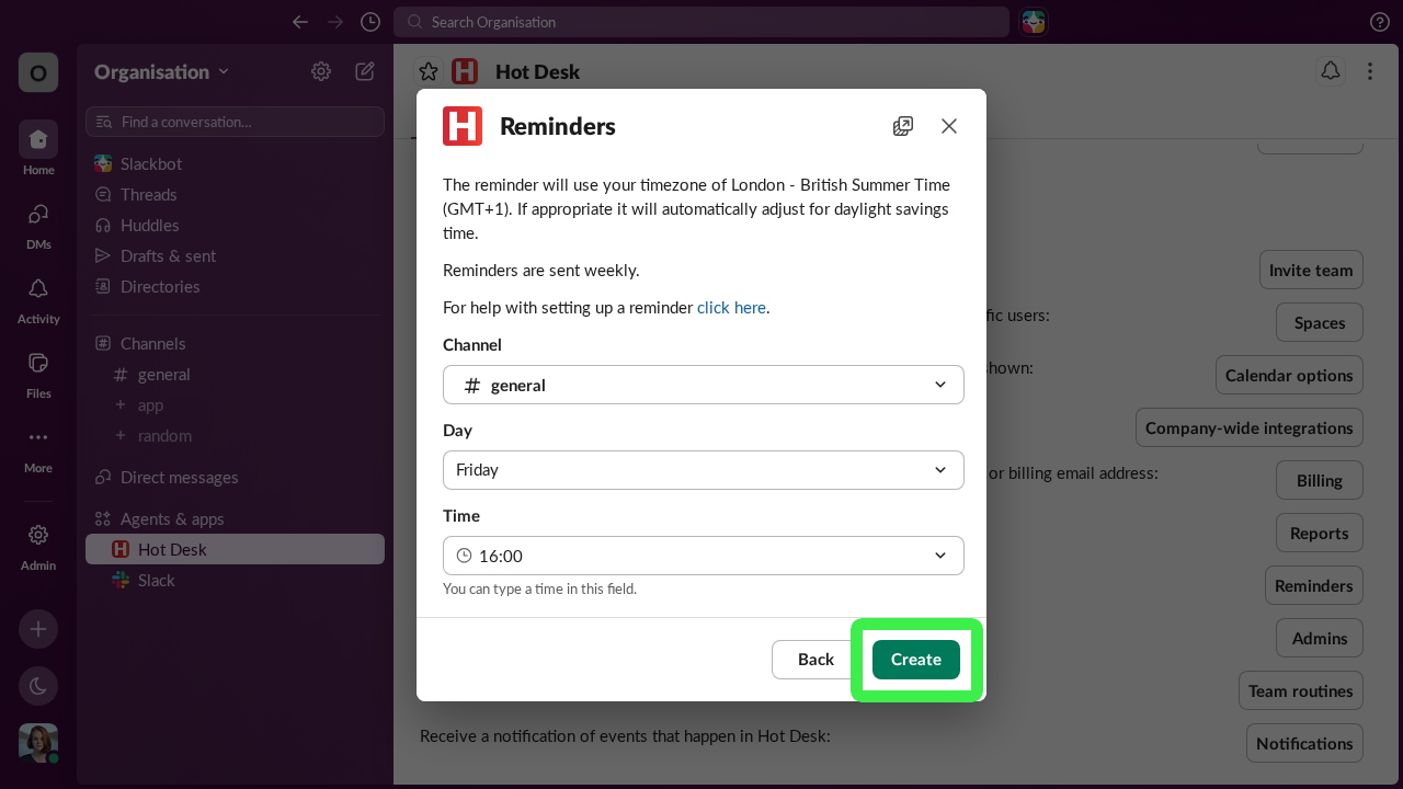 Image of create reminder form completed in Hot Desk app