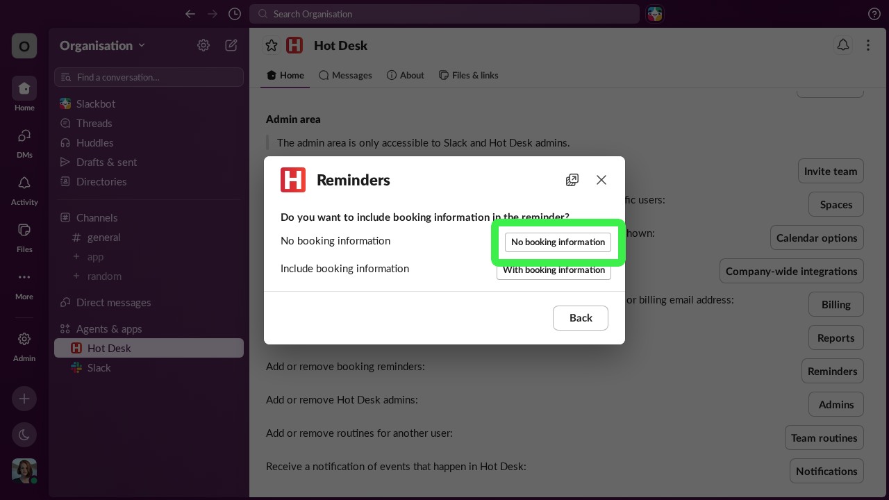 Image of no booking information button in Hot Desk app
