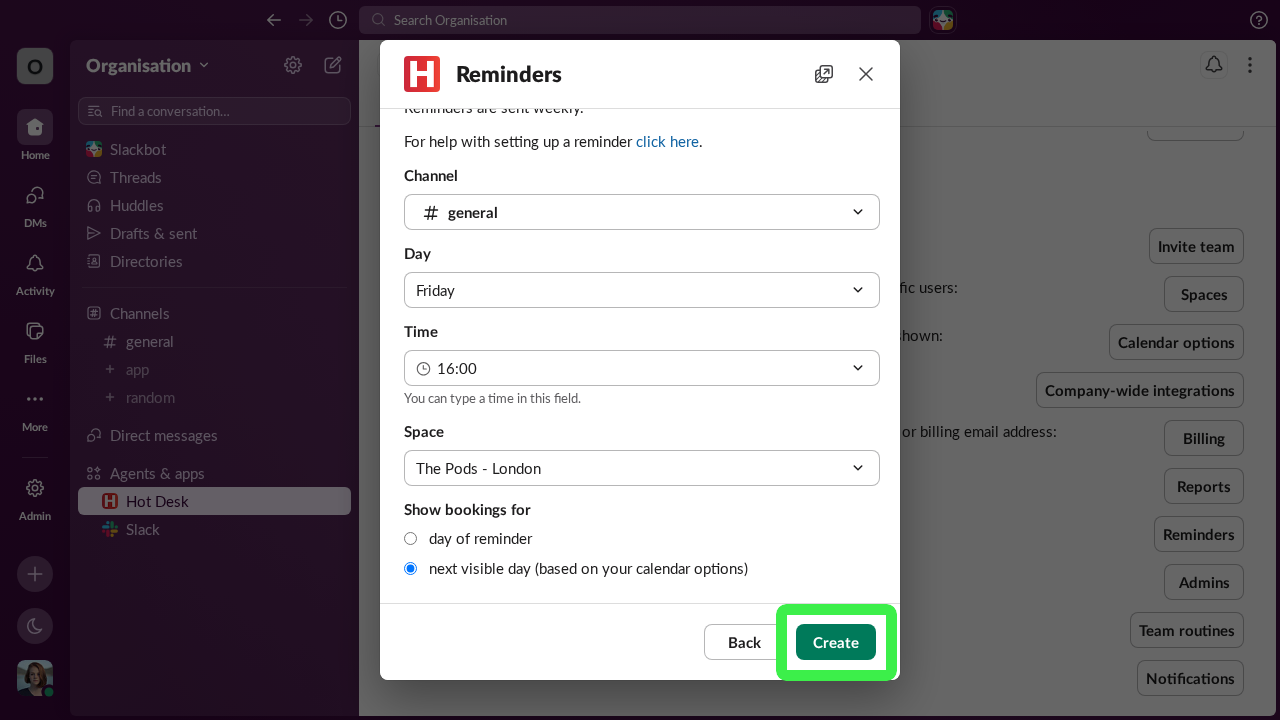 Image of create reminder form completed in Hot Desk app