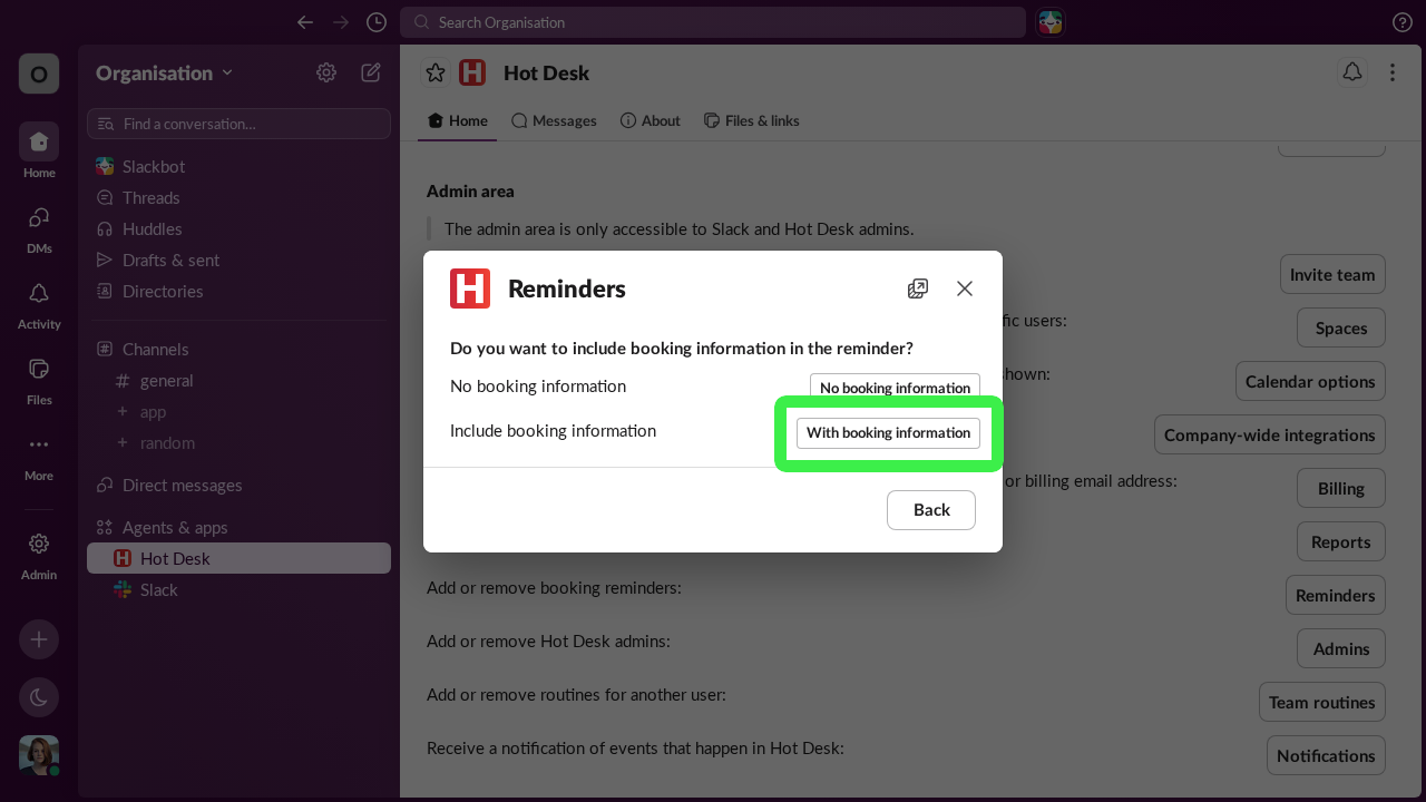 Image of with booking information button in Hot Desk app