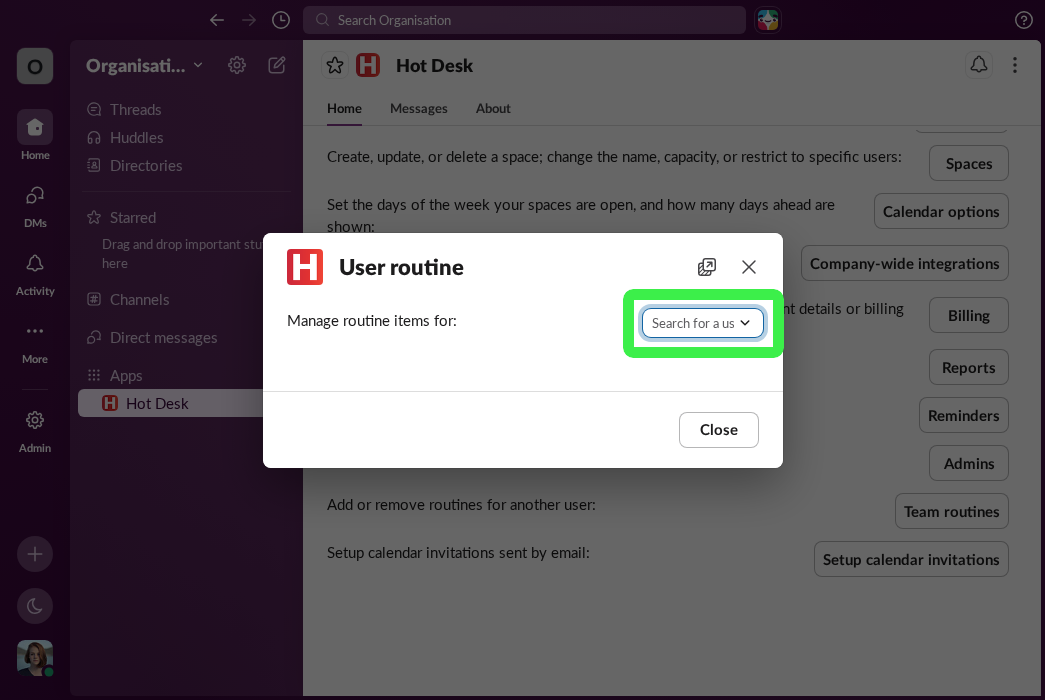 Manage routine modal showing the user selection dropdown highlighted