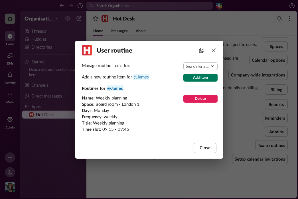 Manage routine modal showing the user selection dropdown highlighted