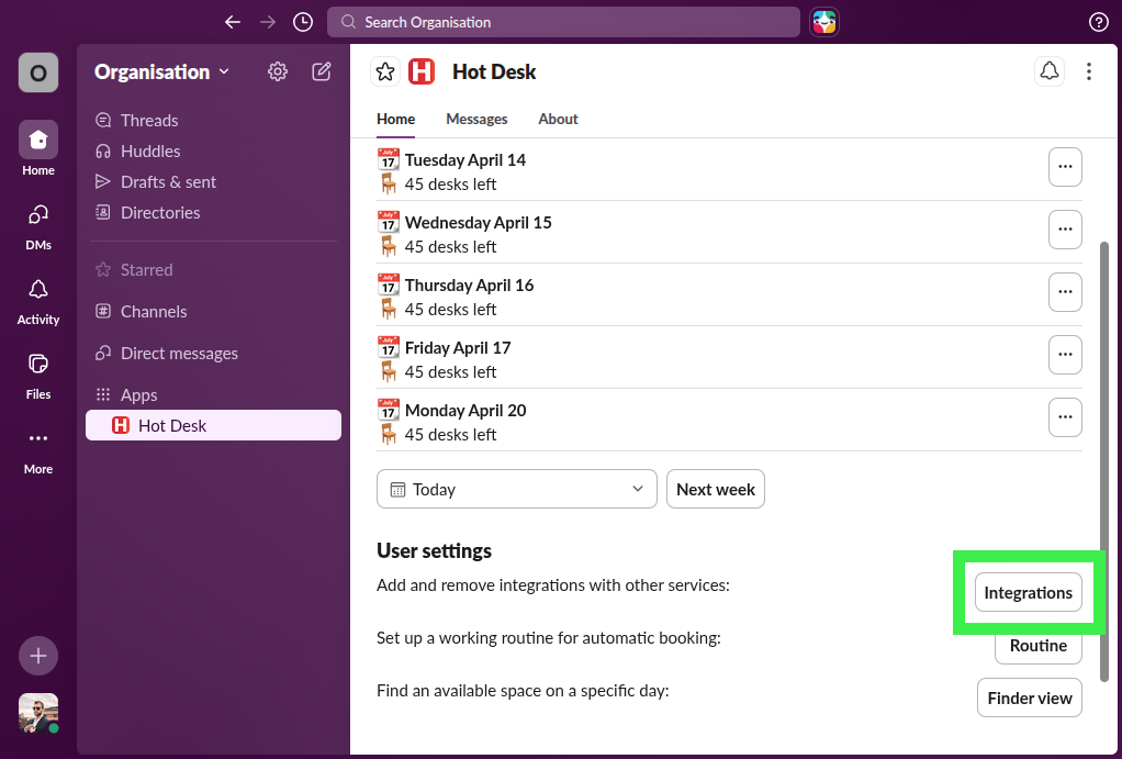 Hot Desk app within Slack with the integrations button highlighted