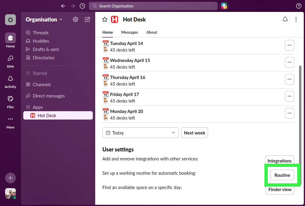Hot Desk app within Slack with the routine button highlighted