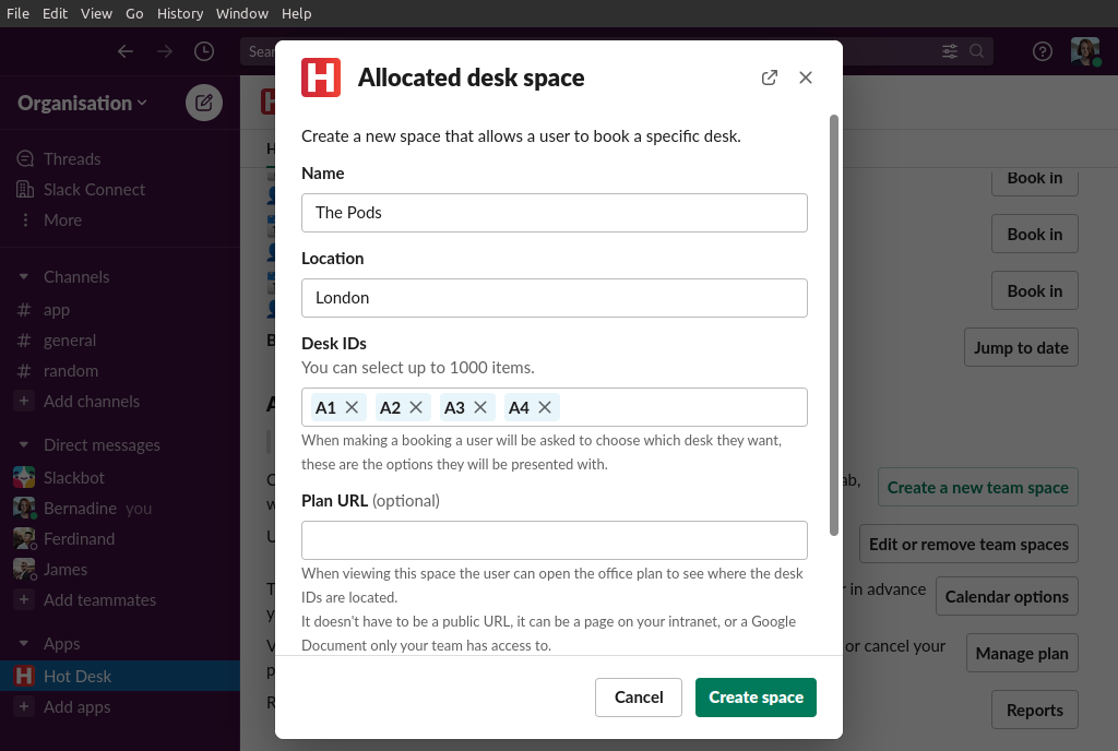 Image of create allocated desk space form in Hot Desk app