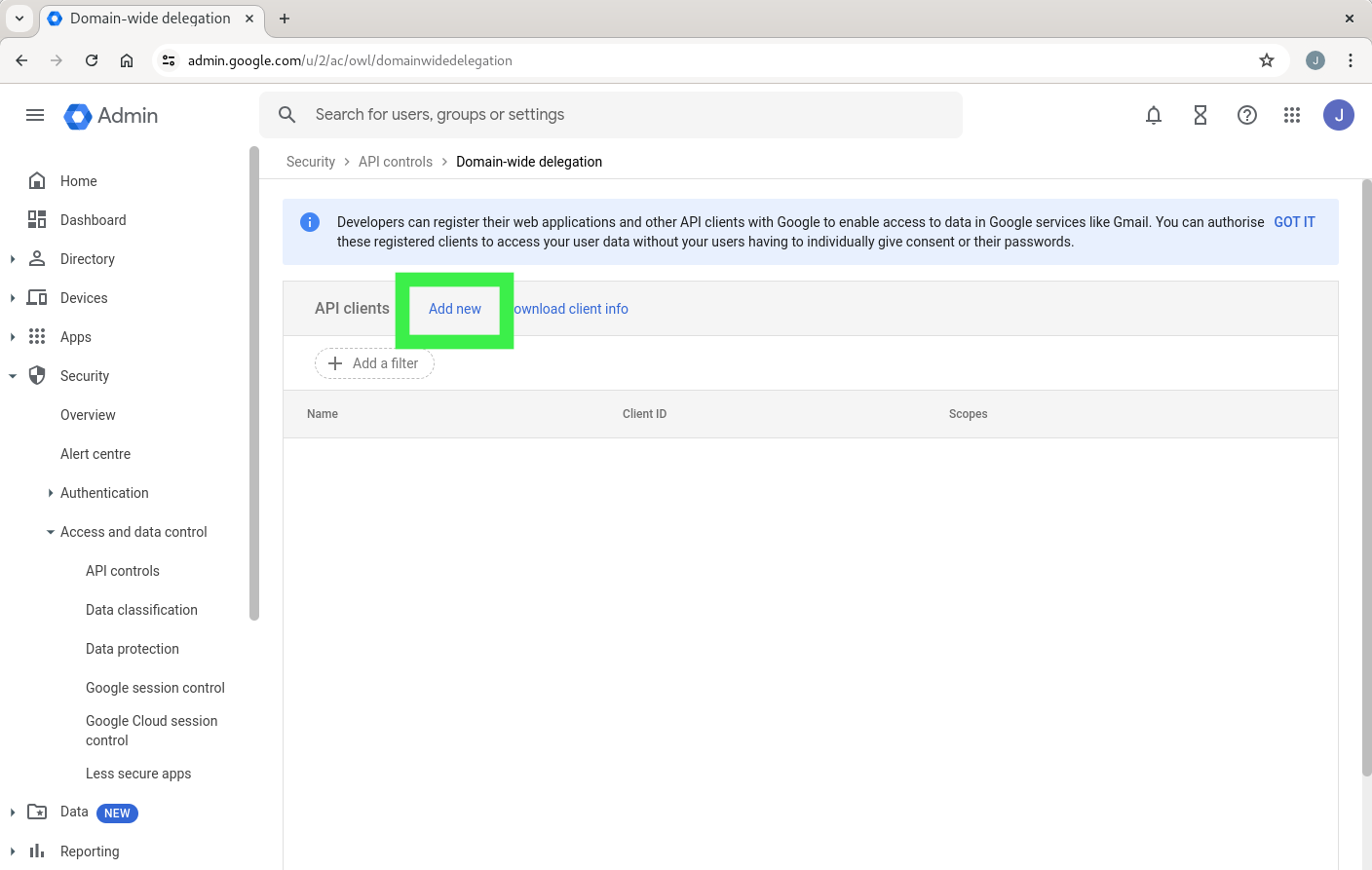 Screen shot of Google Workspace admin with the add new API client button highlighted