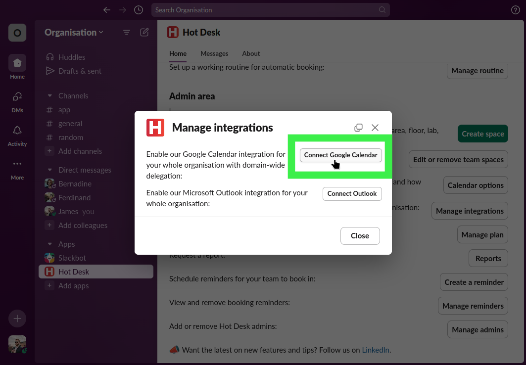 Hot Desk app within Slack with the Google Calendar integration button highlighted