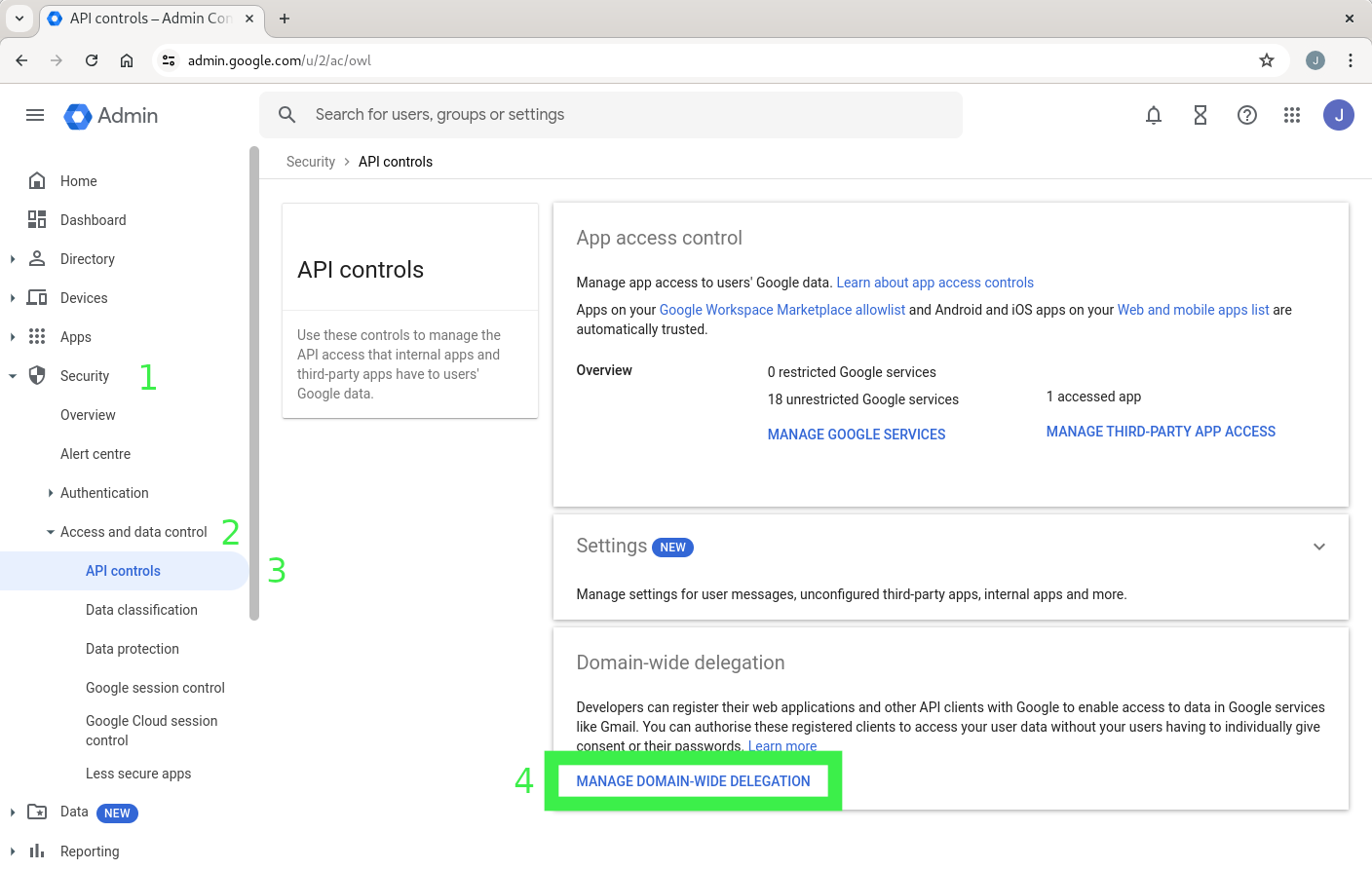 Screen shot of Google Workspace admin with the manage domain-wide delegation button highlighted