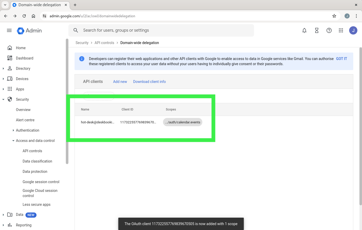 Screen shot of Google Workspace admin showing the Hot Desk client in the list of authorised clients