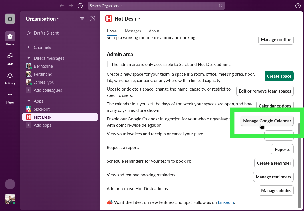 Hot Desk app within Slack with the manage integrations button highlighted