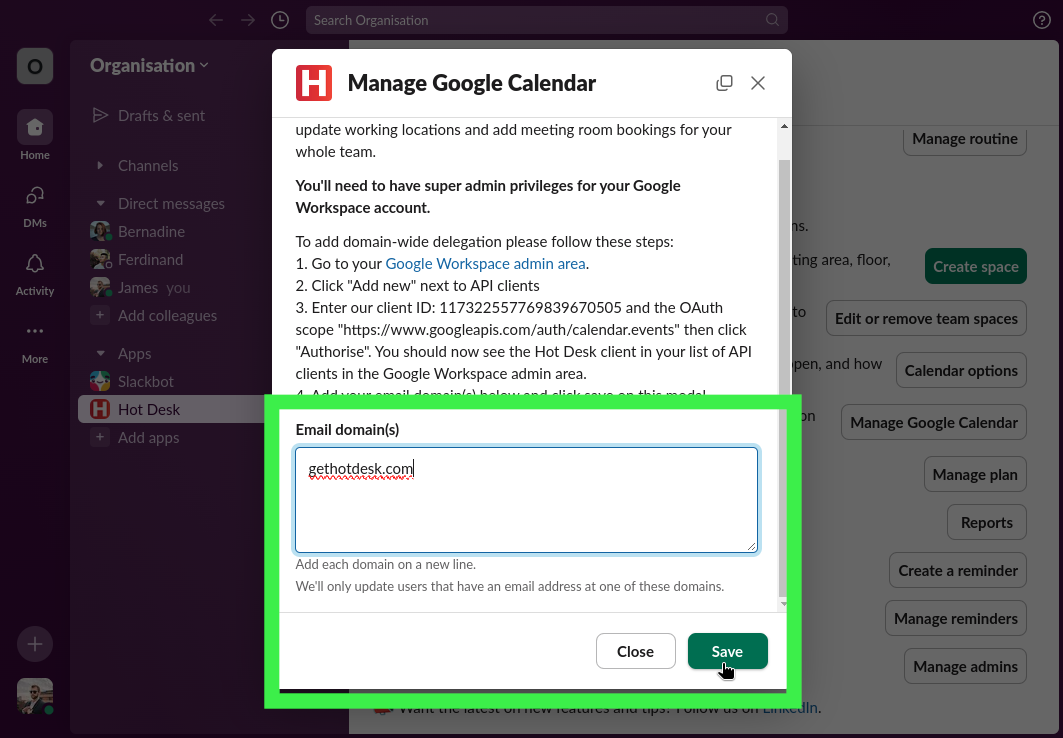 Google Calendar integration modal showing email domain input field and save button