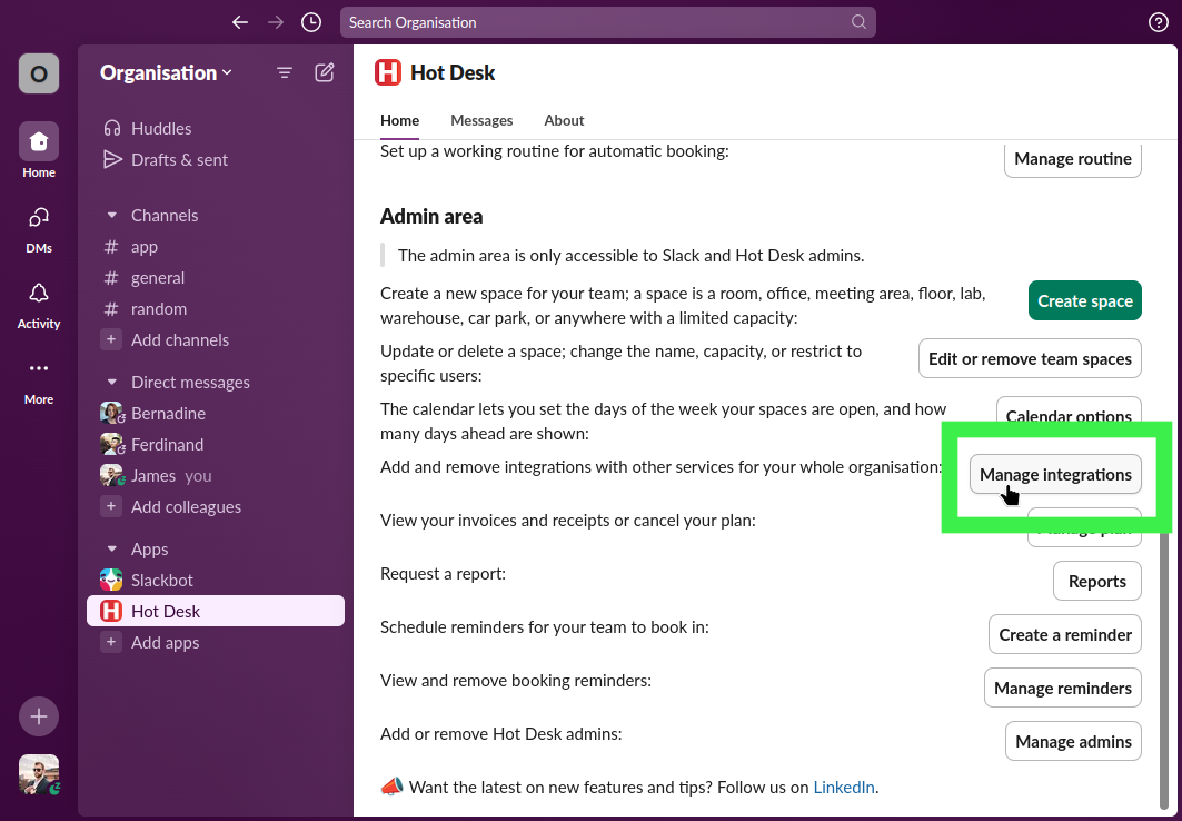 Hot Desk app within Slack with the manage integrations button highlighted