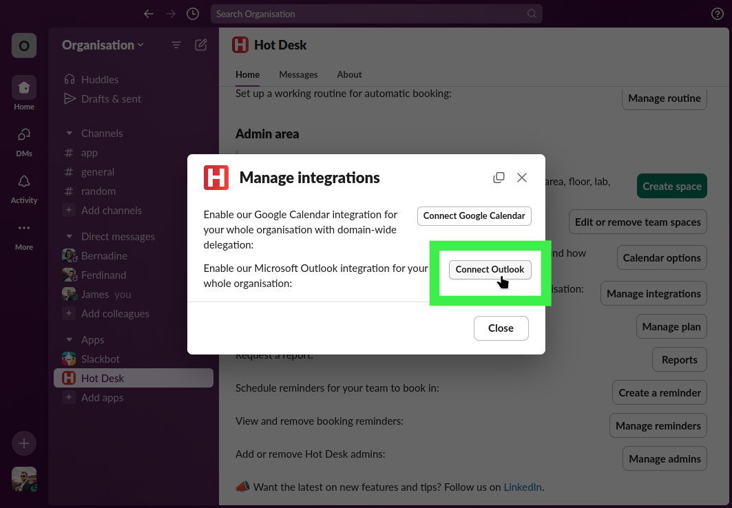 Hot Desk app within Slack with the Outlook integration button highlighted