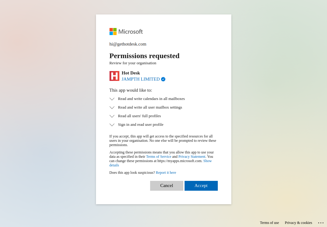 Screen shot of Microsoft Outlook permission request page