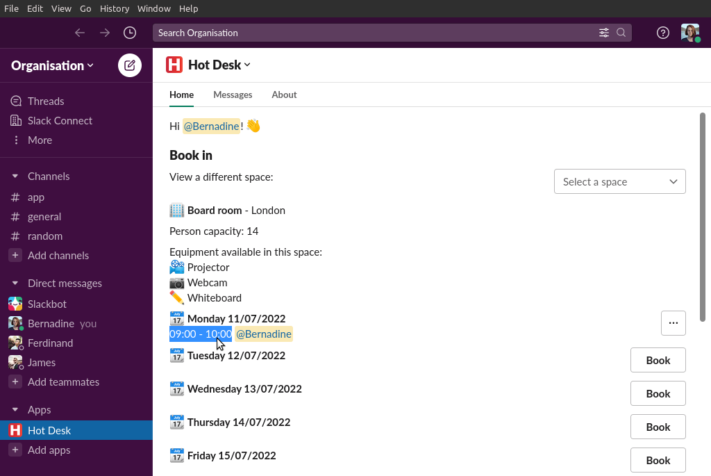 Image of a meeting room schedule with a booking in Hot Desk app