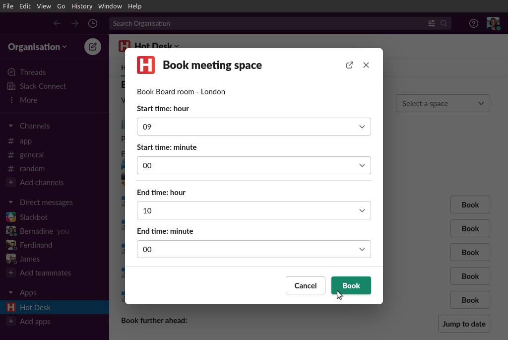 Image of a completed meeting room booking form in Hot Desk app