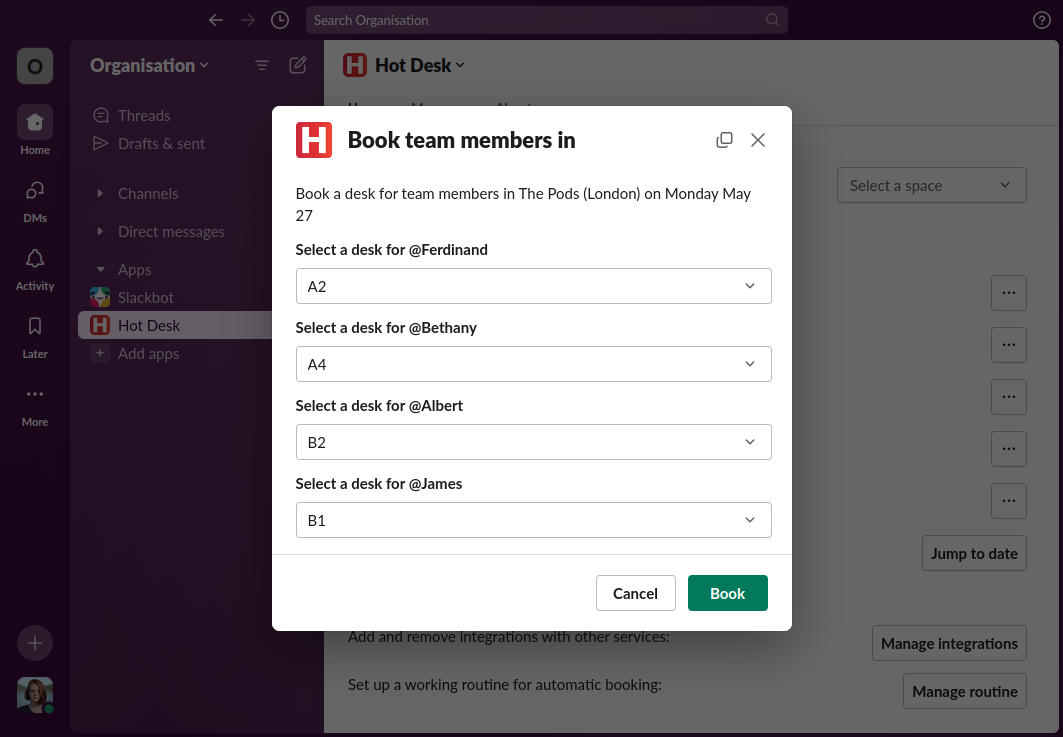 Image of admin booking feature with desks selected for team members
