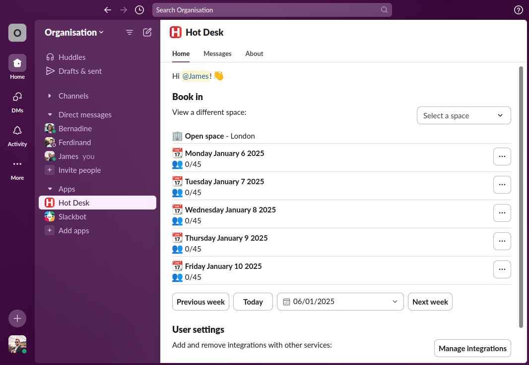 Hot Desk app within Slack