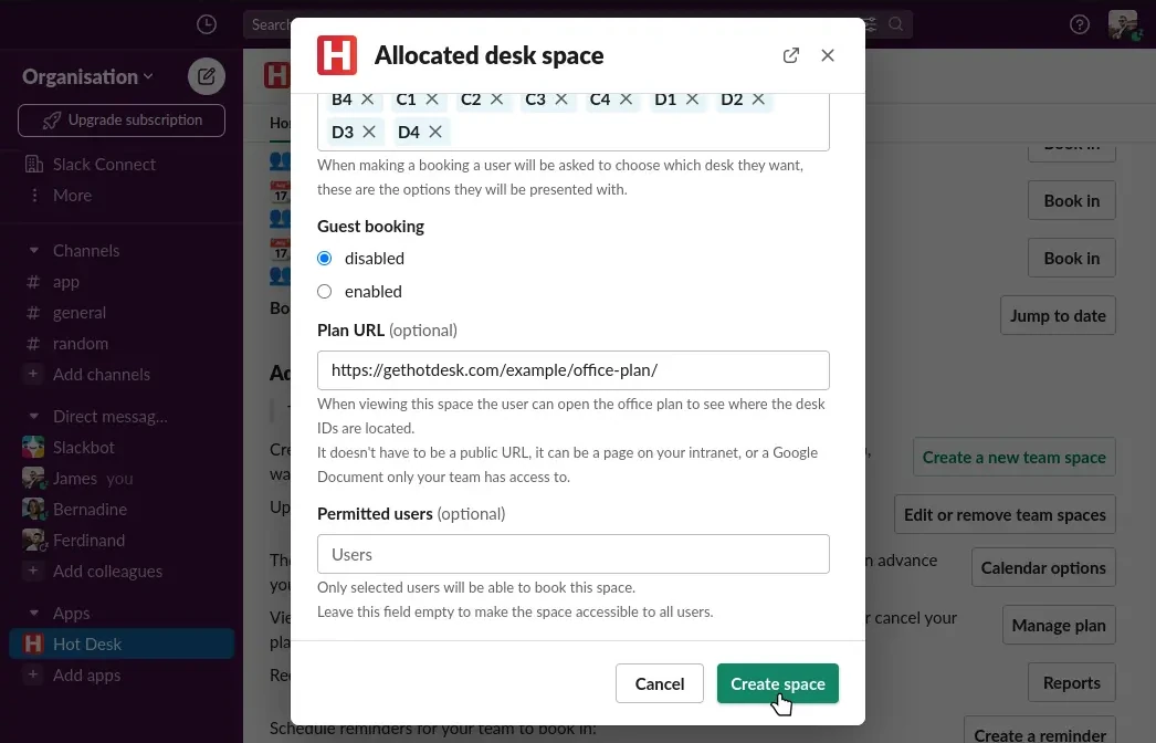 Image of create space button in Hot Desk app