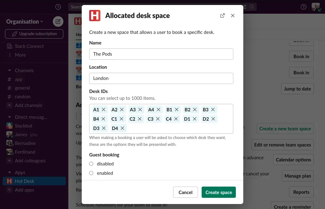 Image of create allocated desk space form in Hot Desk app