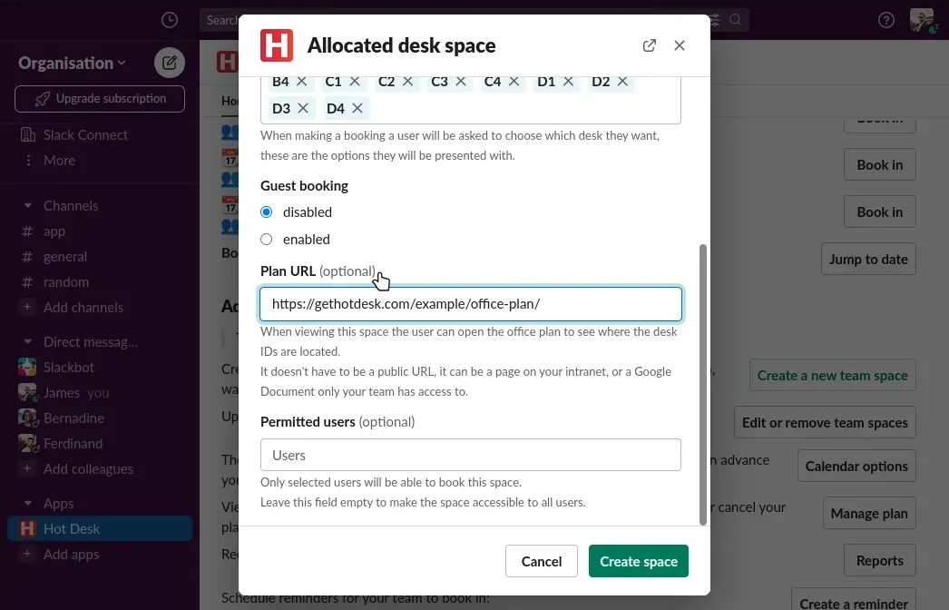 Image of create allocated desk space form with plan URL in Hot Desk app