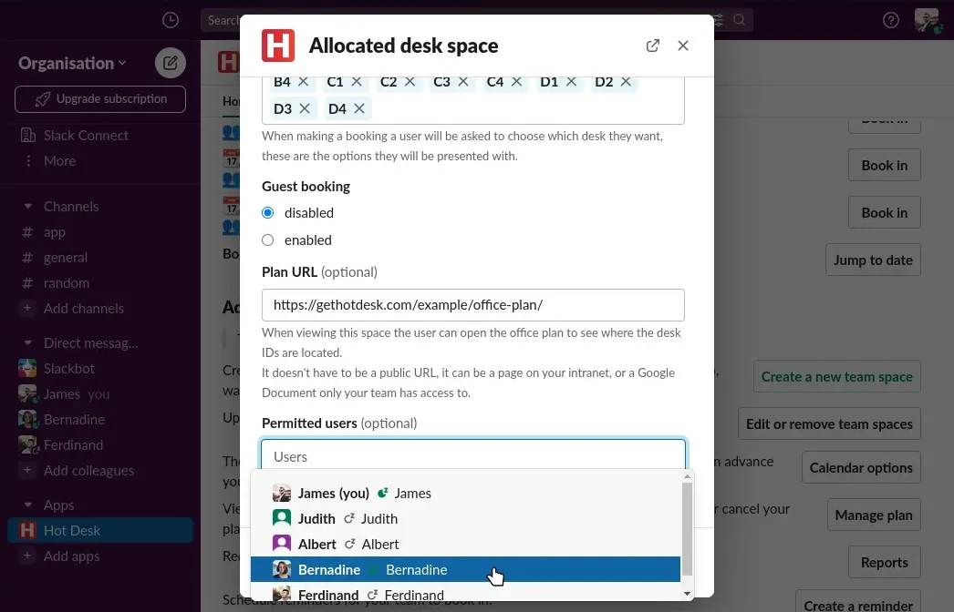 Image of permitted users dropdown in Hot Desk app