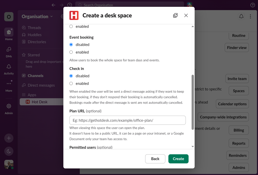 Options to enable a check in message to be sent to booked users
