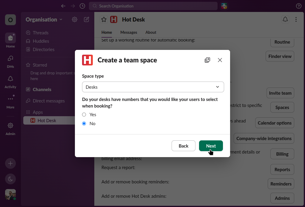 Hot Desk app with pointer on button to create a desk space